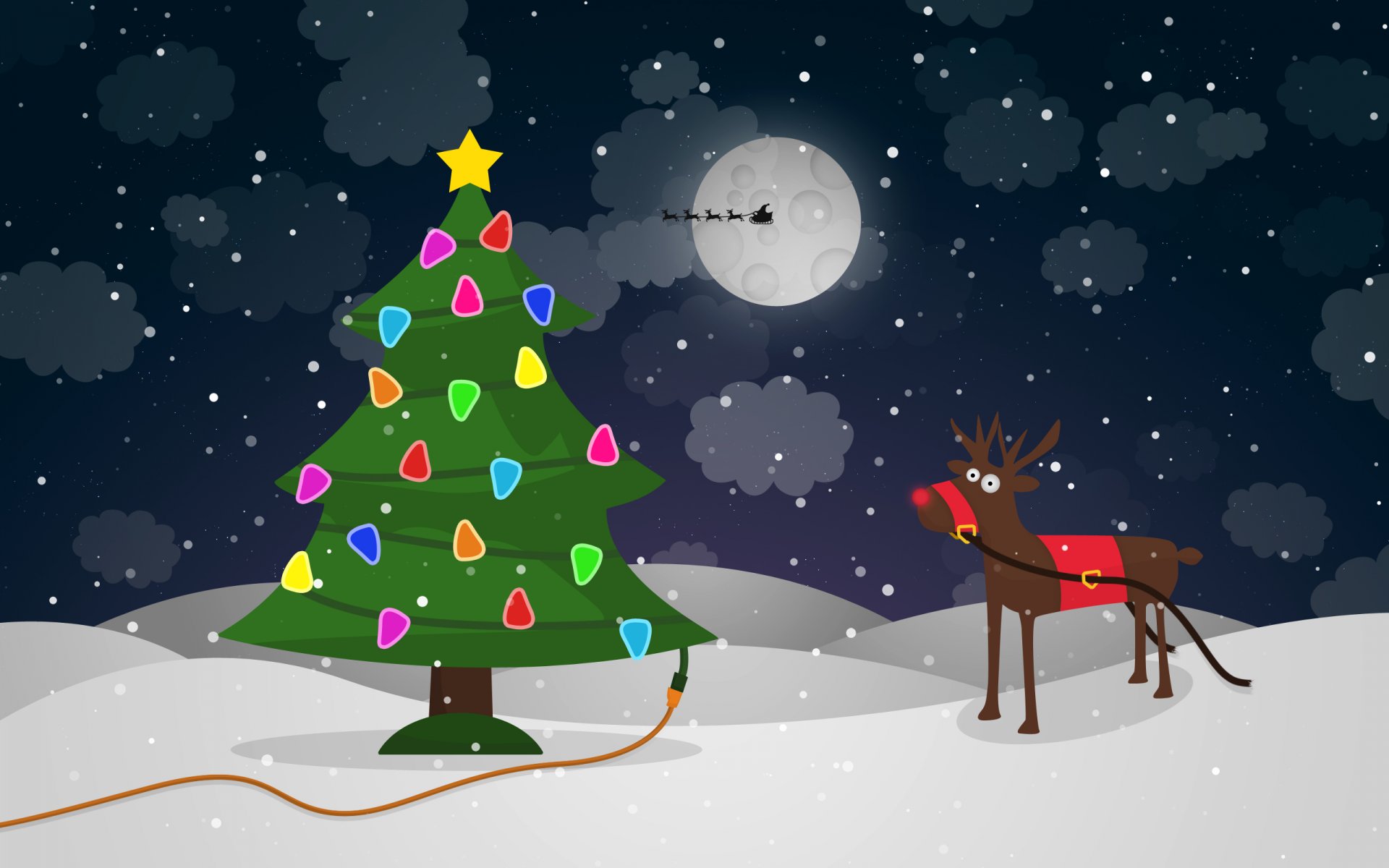 christmas tree reindeer moon star sky snow snowflakes cloud