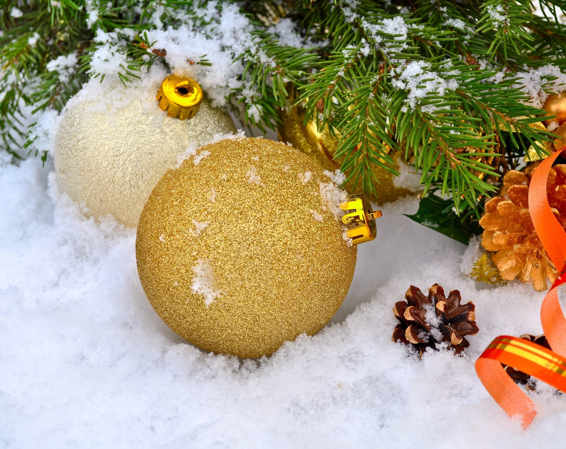 holiday new year winter snow spruce branch balls cone