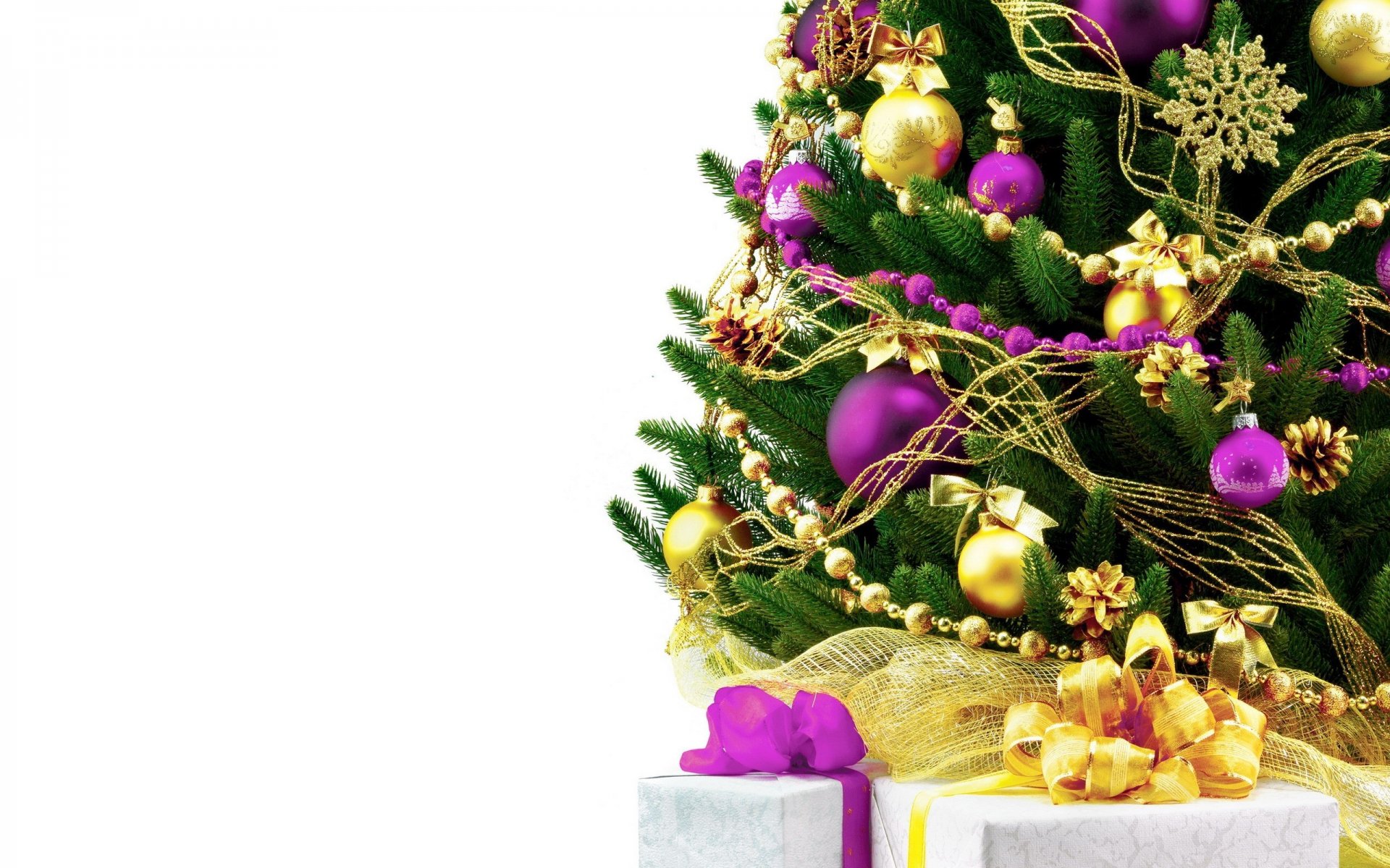 new year holiday chritmas christmas tree spruce christmas toys balls cone bow gifts presents white background wallpaper widescreen full screen hd wallpapers fullscreen