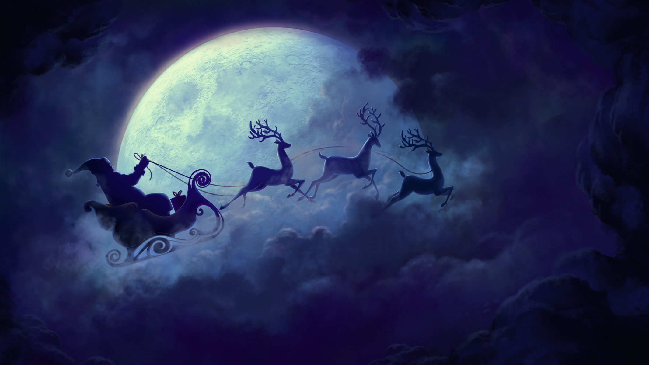 new year christmas santa reindeer sledge night moon clouds star