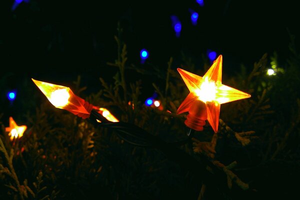 Christmas toy star on a green Christmas tree