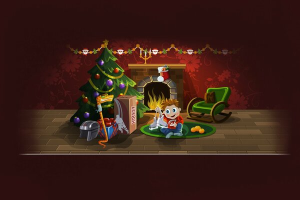 Ein Junge sitzt in der Nähe des Kamins und ist mit einem Weihnachtsbaum geschmückt