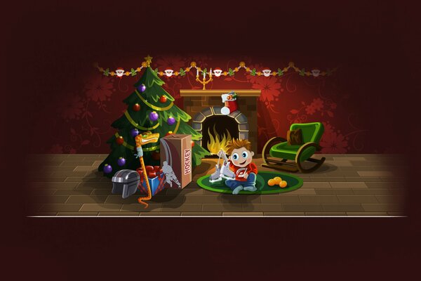 A boy is sitting near the fireplace and a Christmas tree is decorated