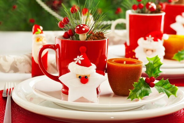 A variant of serving a festive New Year s table with cones, branches, berries and candles