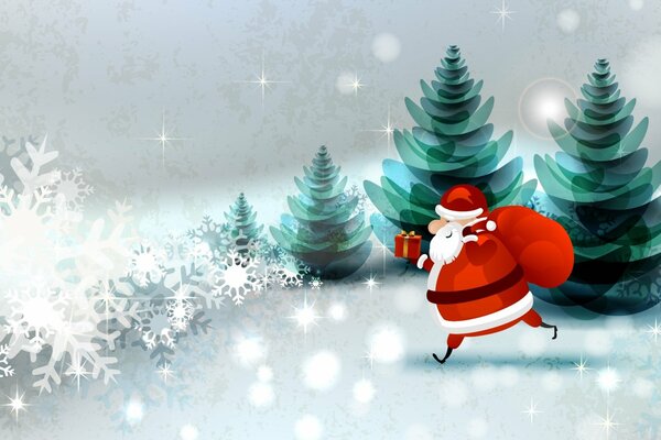 Święty Mikołaj biegnie z torbą prezentów