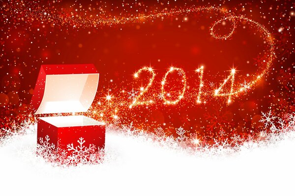 New Year s red box on the background of snowflakes