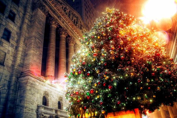 The Christmas tree stands at the entrance to the building