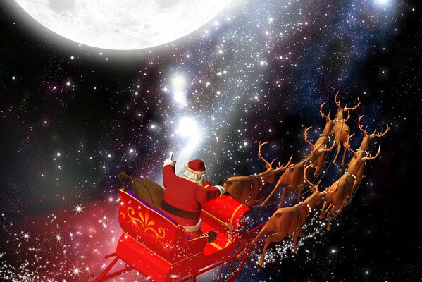 Le père Noël est assis dans un traîneau en traîneau avec des Rennes