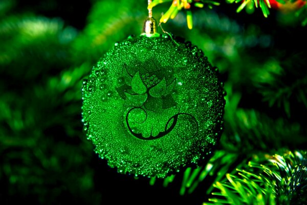 Bola verde de año nuevo en la rama de árbol de Navidad