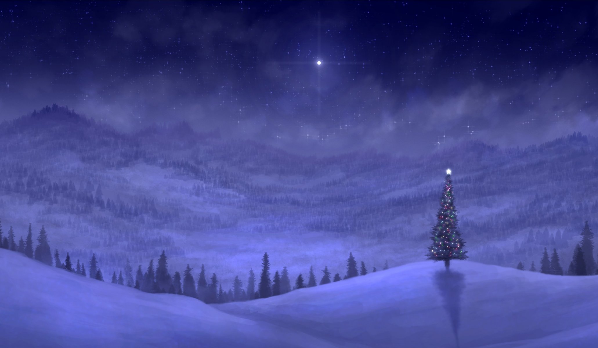 art snow winter mountain hills spruce lights garland holiday night