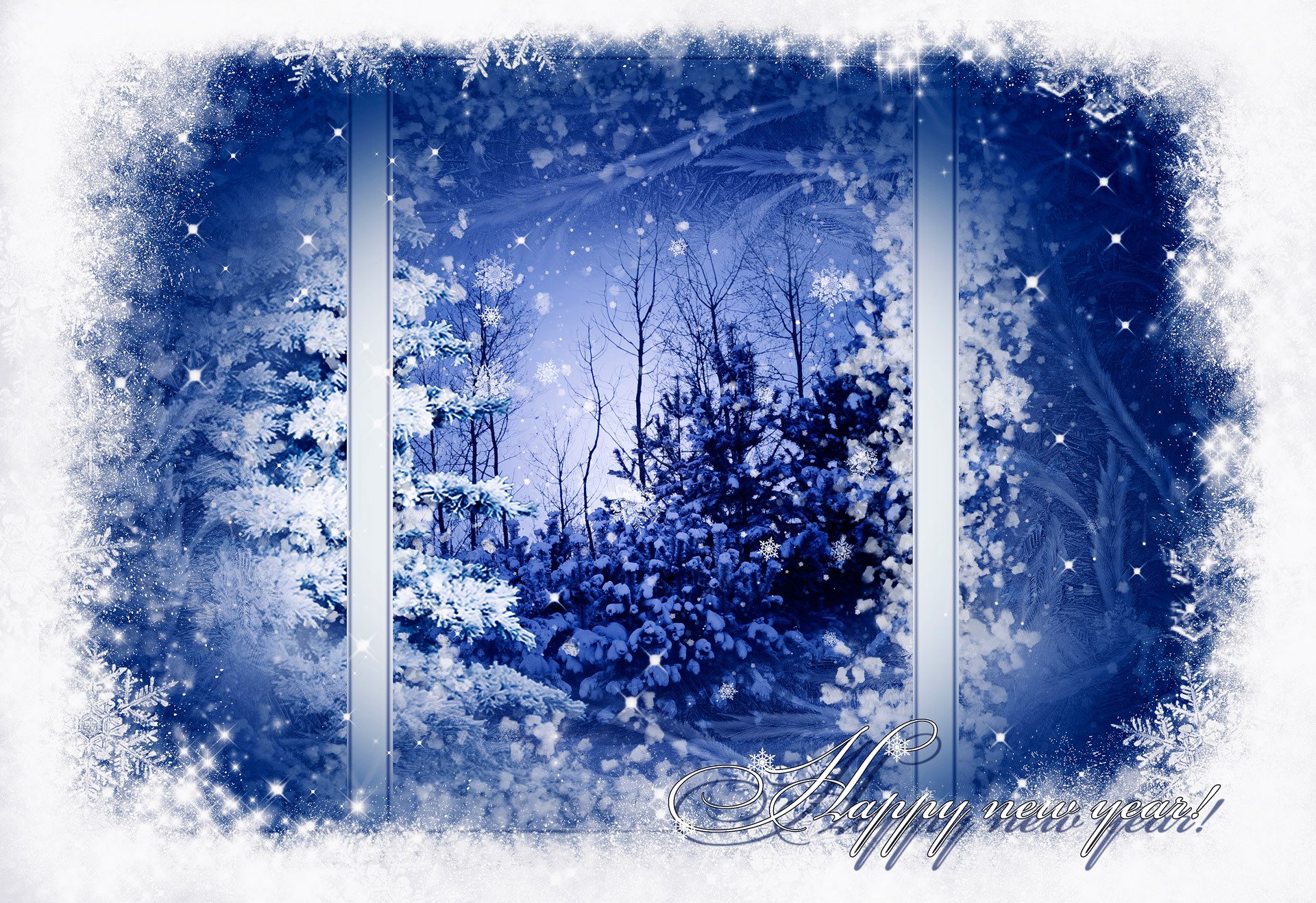 happy new year window winter snow snowflakes pattern tree christmas tree new year