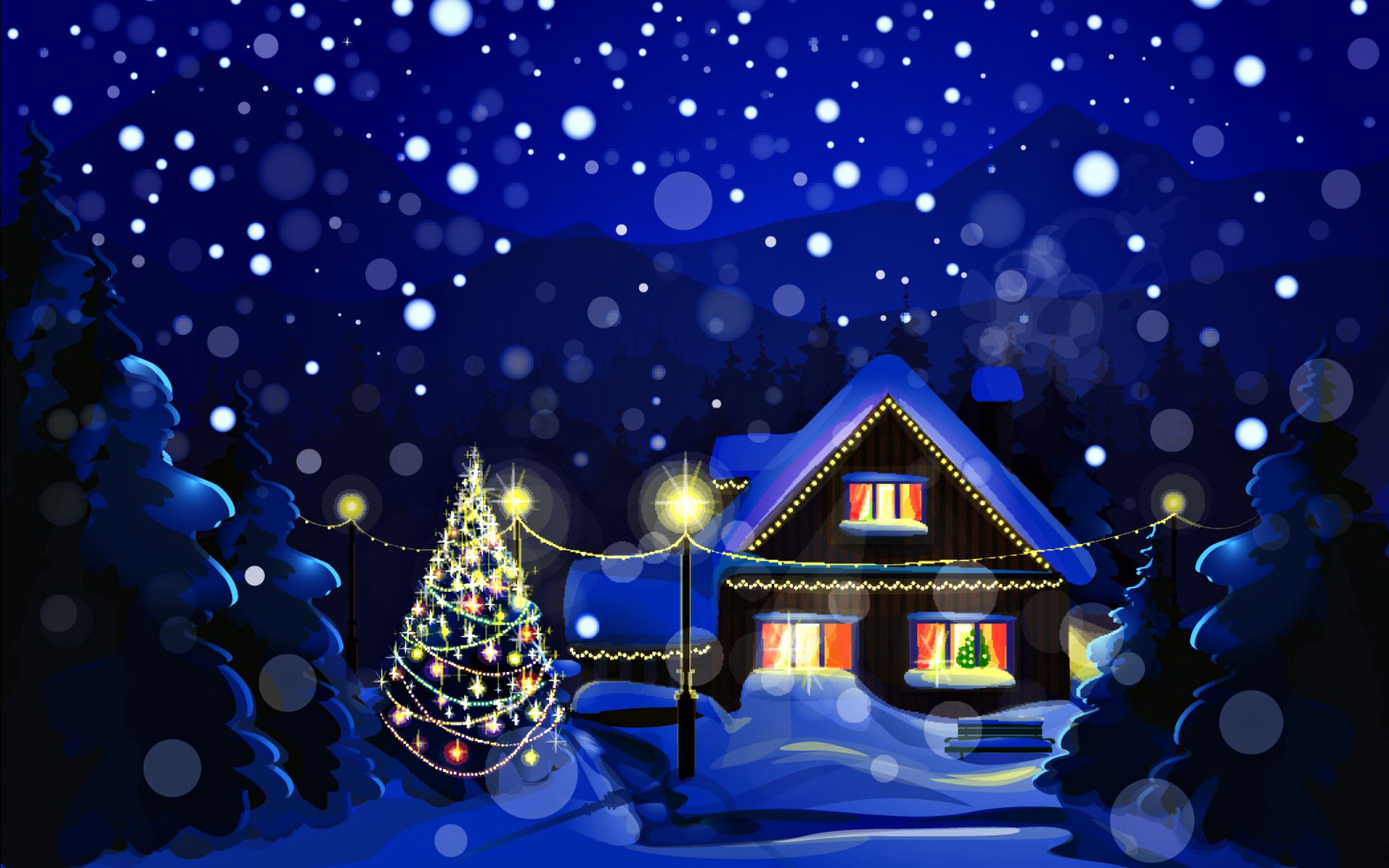 new year christmas holiday nature landscape snow winter night houses christmas trees christmas tree