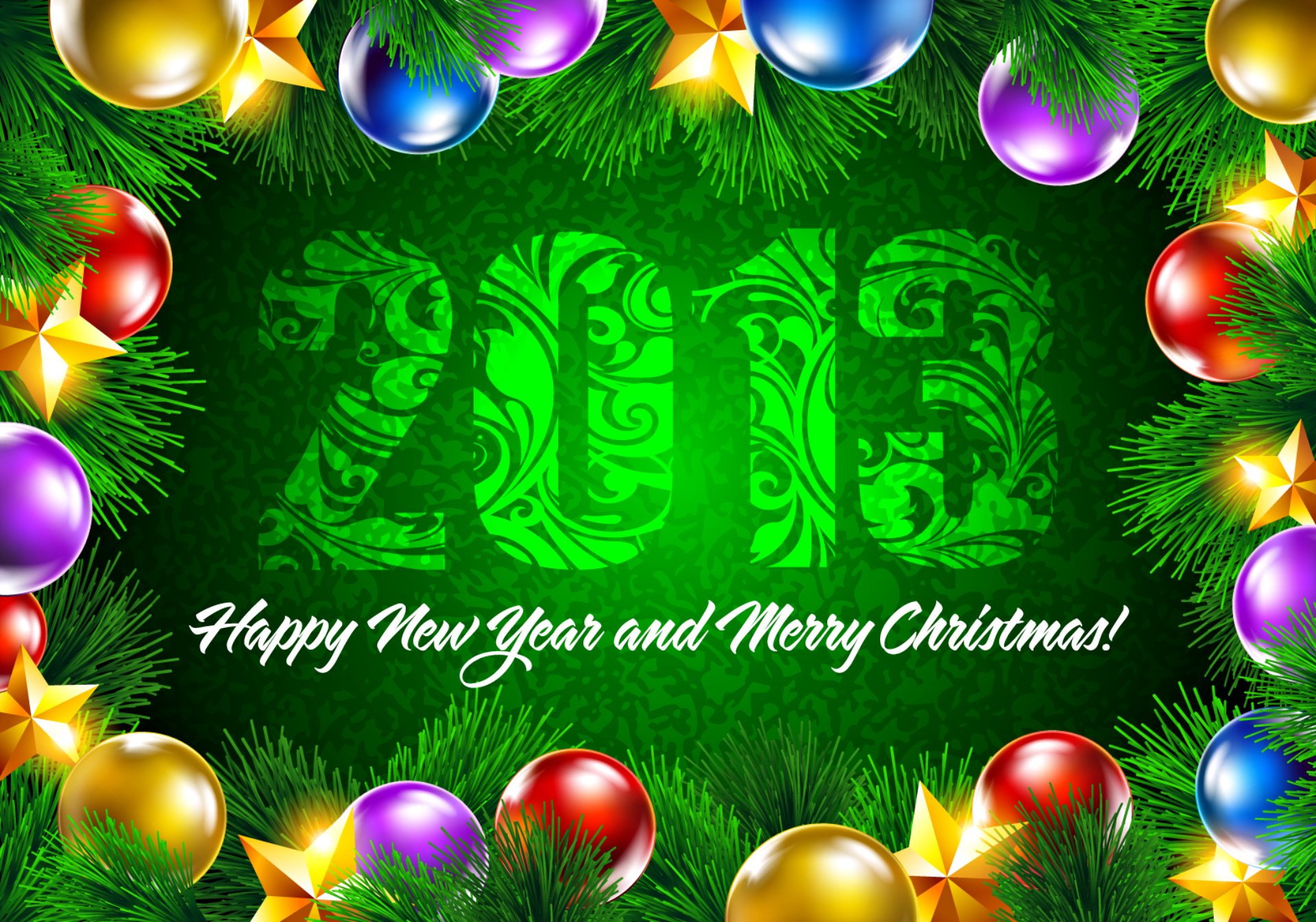 happy new year merry christmas 2013 new year green background colored balls decoration star fur-tree branch