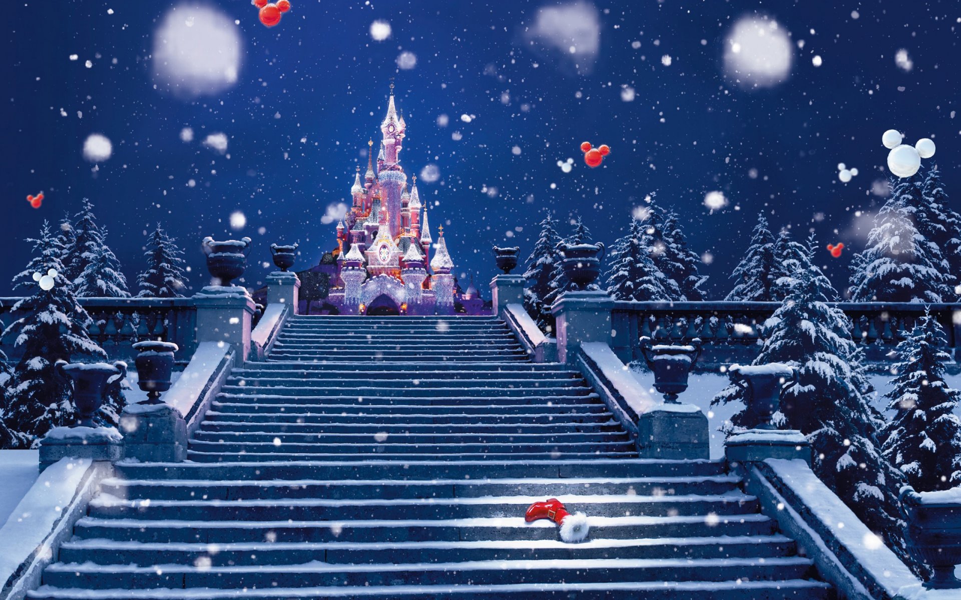 pruce castle lights decoration degree stairs winter snow christmas boot santa boots boots new year holiday christmas disneyland pari