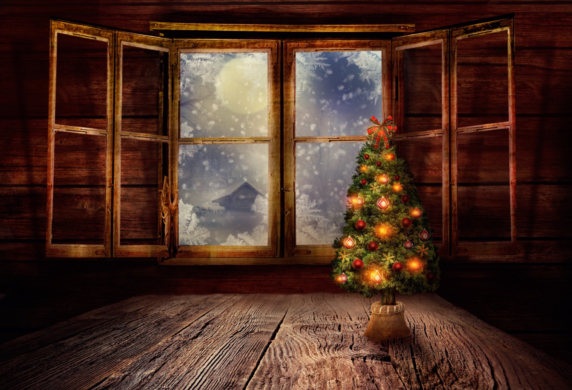 window snow moon night christmas decorations shutter