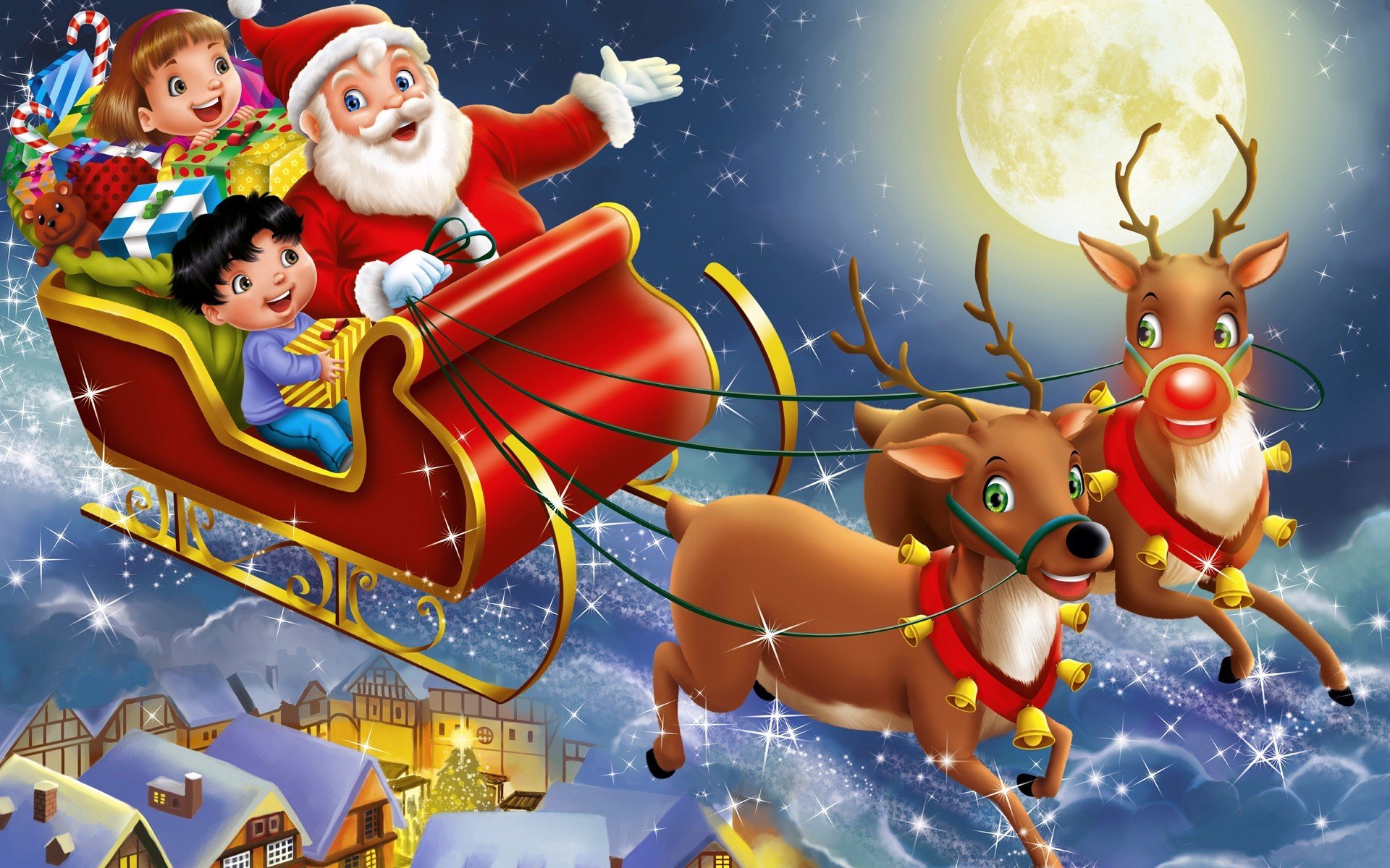 arte vacanza notte babbo natale bambini slitta renne luna città regali giocattoli