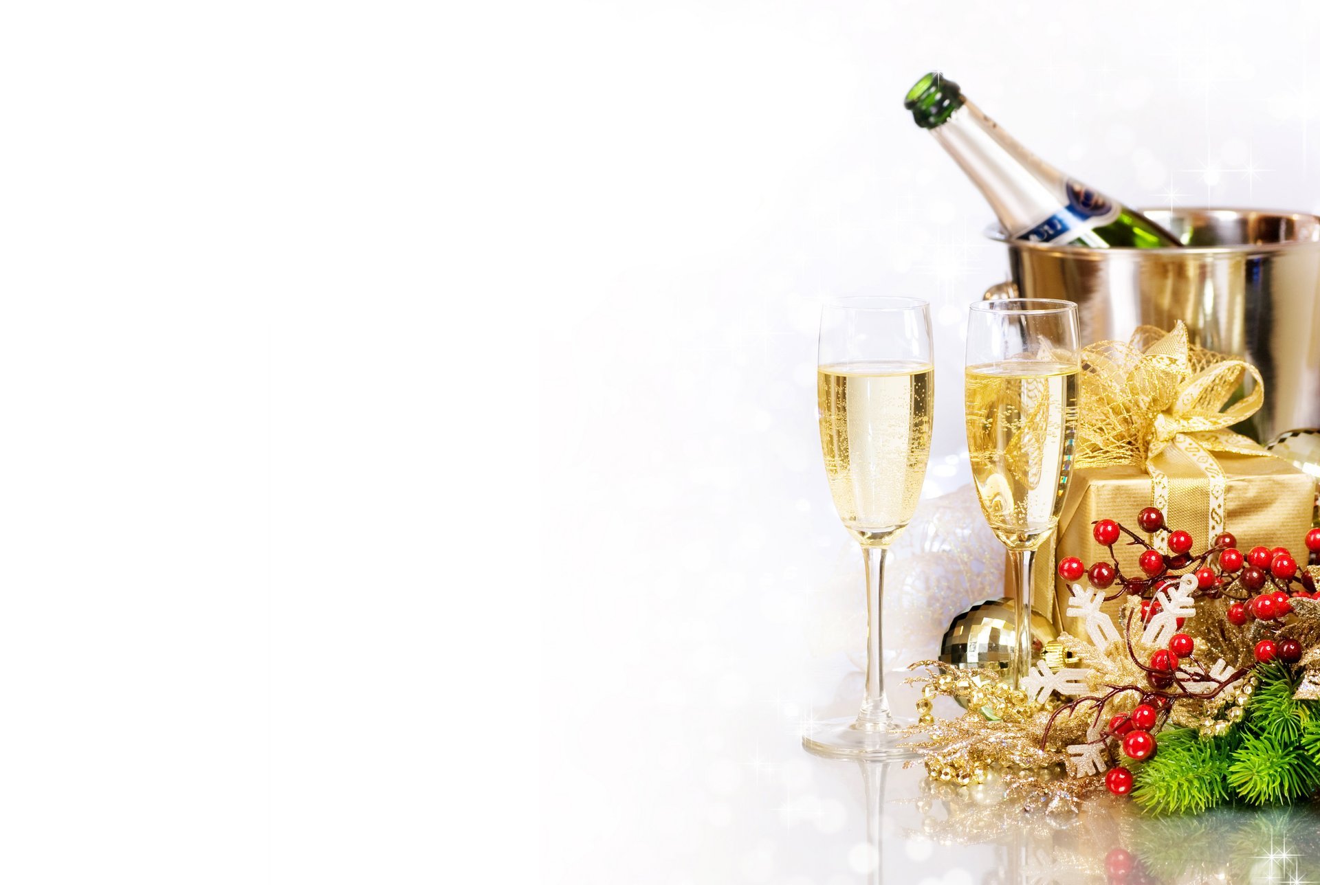 the bucket a bottle champagne glasses drink branches box present scenery holidays new year christma