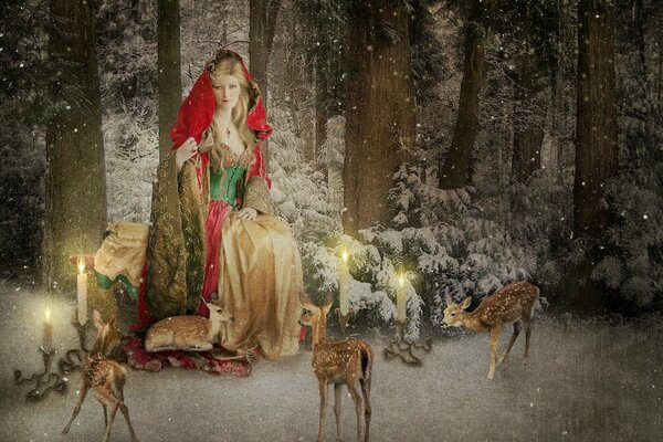 Tarjeta de año nuevo con la señora Claus y los renos