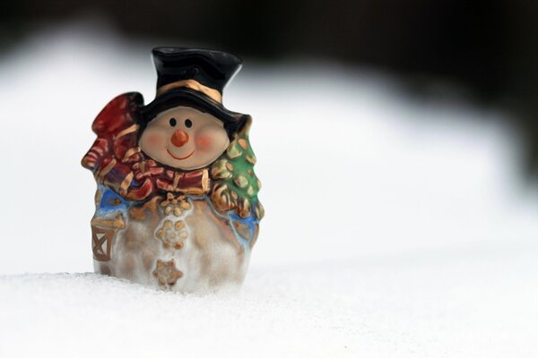 Snowman figurine in the snow in the new year