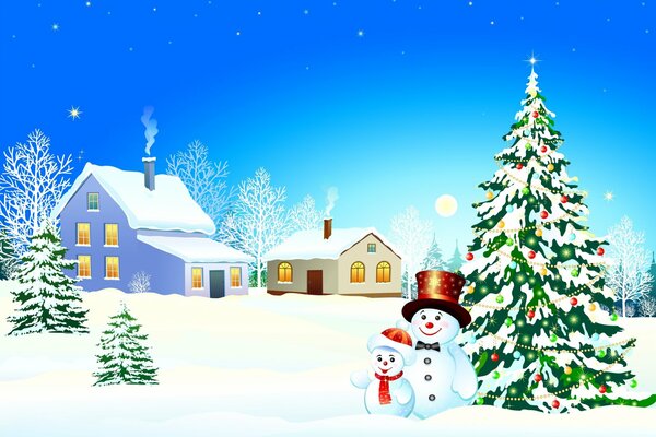 Dessin de bonhommes de neige près de l arbre de Noël près des maisons