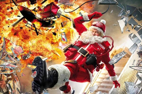 Funny Santa in the background with an explosion