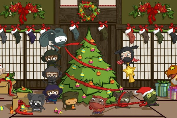 Los ninjas decoran el árbol de Navidad