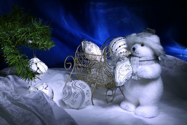 New Year s toy white bear with sleigh