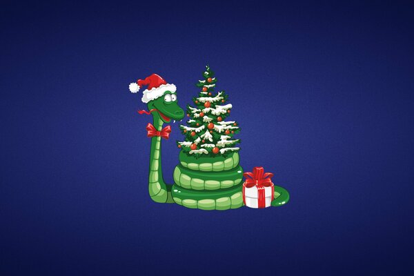 Christmas snake with a Christmas tree and a gift