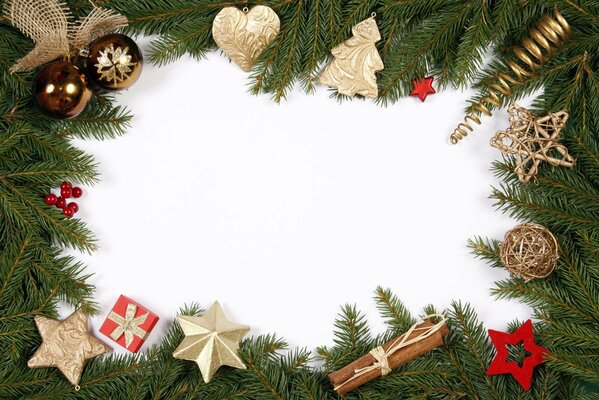 Christmas frame with a fir branch on a white background