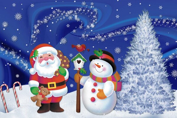 Père Noël, bonhomme de neige et arbre de Noël à la fête du nouvel an