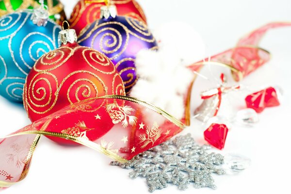 Colorful Christmas balls and snowflakes