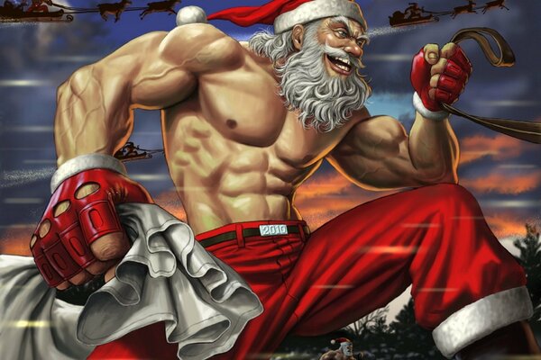 Santa Claus pumped up with a bare torso