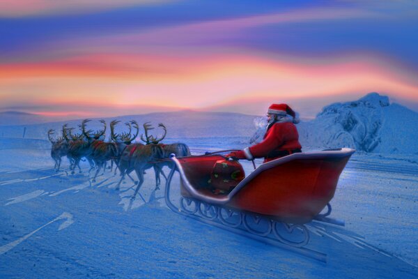 Santa Claus on his sleigh, delivers gifts