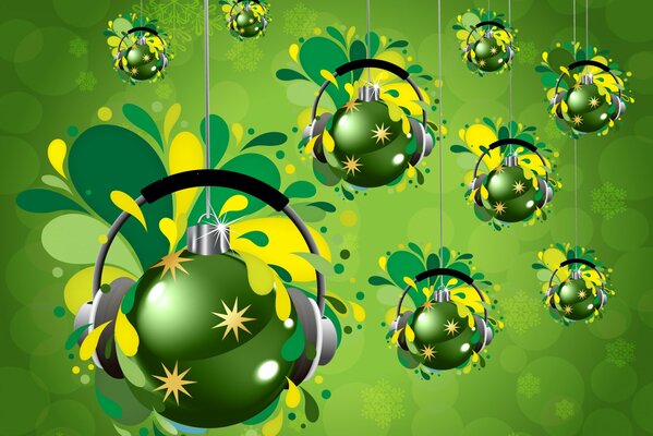 A painted picture of green Christmas balls