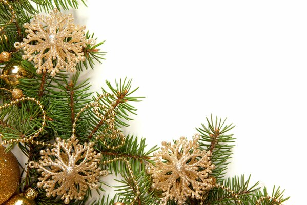 Bolas y adornos en una rama de árbol de Navidad