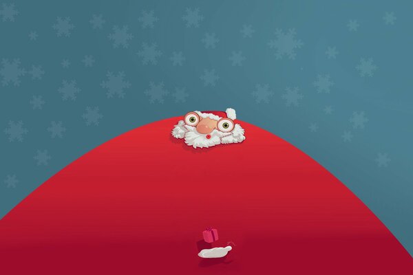 Święty Mikołaj w dużym czerwonym futrze na tle płatków śniegu