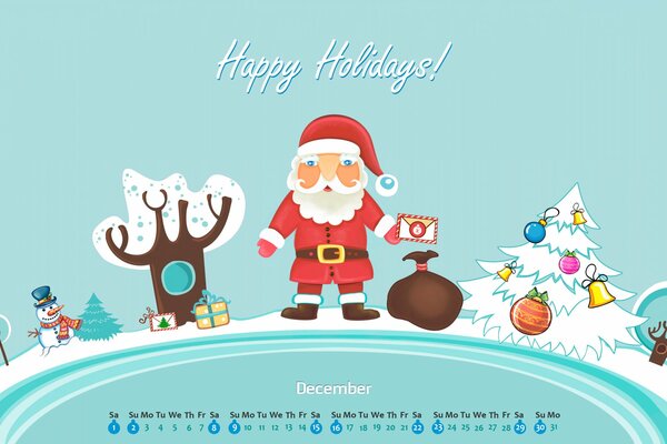 Calendar with Santa Claus. Christmas tree with gifts