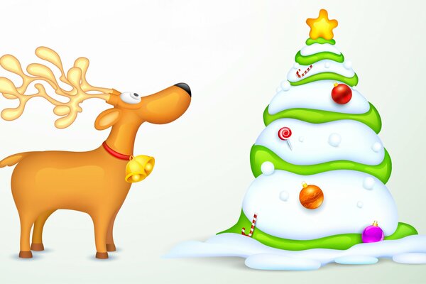 Ciervo y árbol de Navidad sobre fondo blanco
