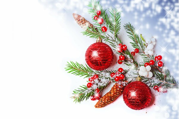 Christmas balls on a branch of a fir tree