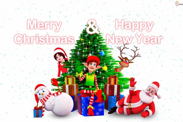 Elf, deer, snowman, Santa Claus and a girl in a red Christmas hat at the Christmas tree