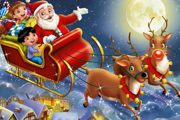 Weihnachtskarte- Weihnachtsmann auf einem Rentier mit Kindern und Geschenken