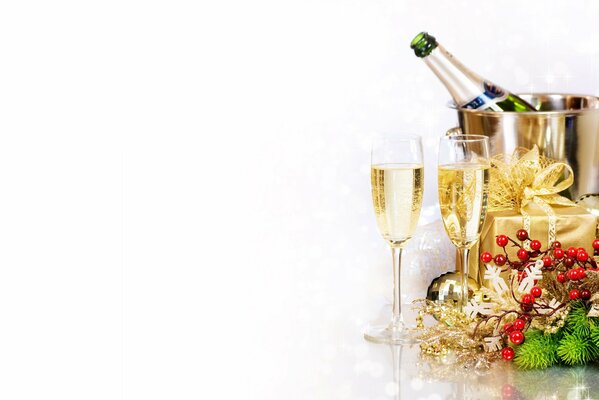 New Year Decorations of champagne and gifts