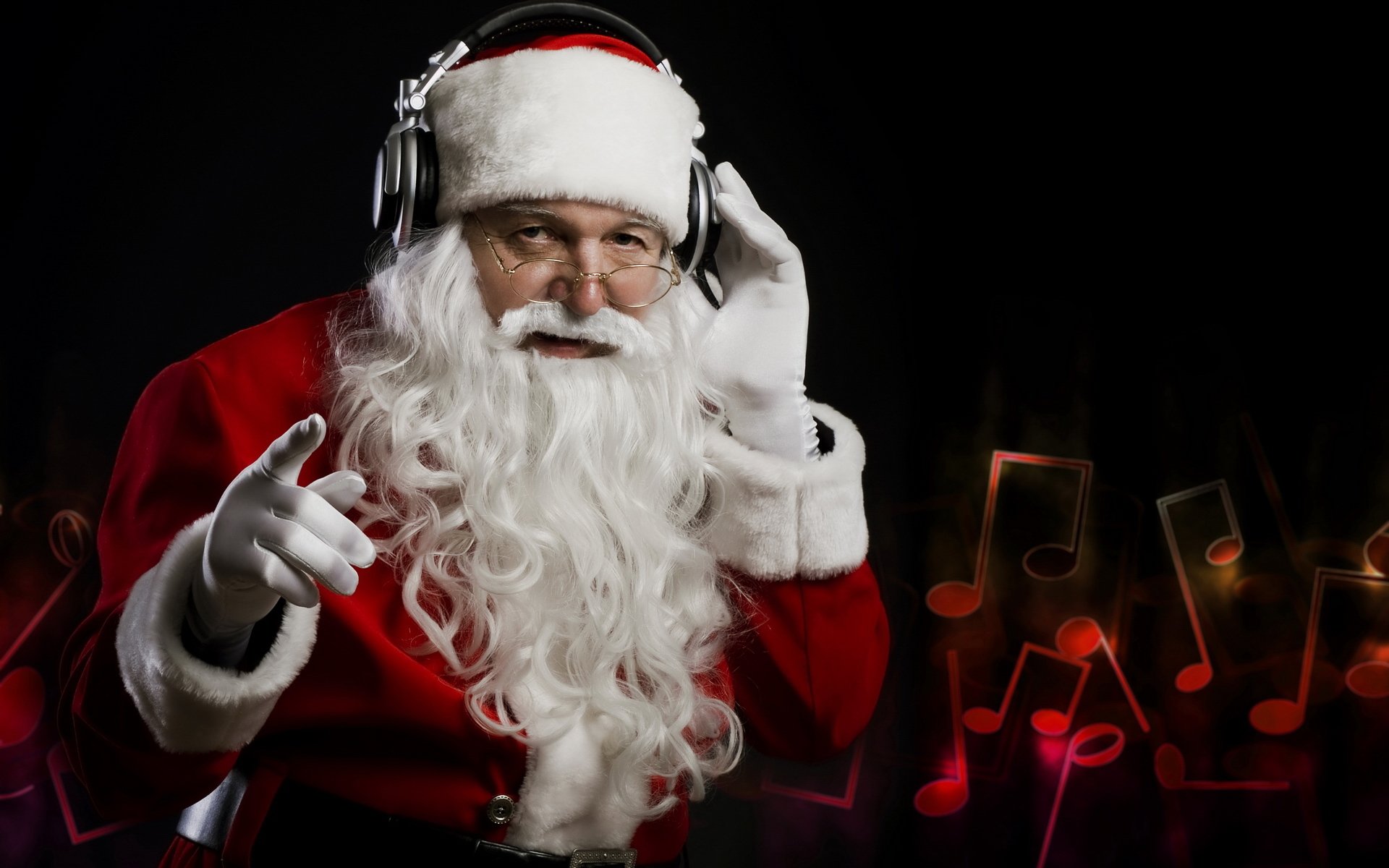 capodanno babbo natale cuffie ascolta musica spartiti sfondo scuro