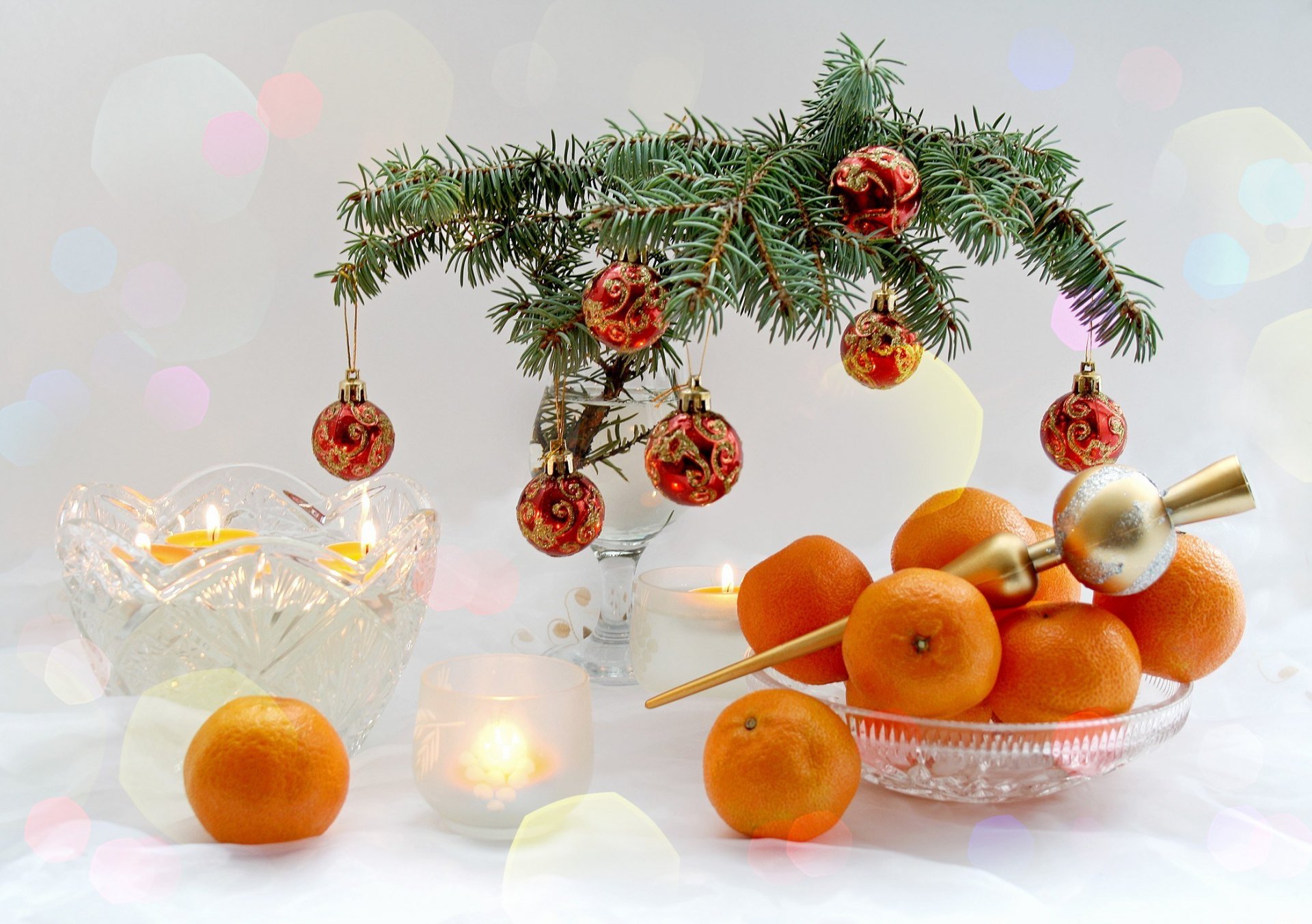 año nuevo vacaciones feliz año nuevo vacaciones frutas cítricos mandarinas árbol de navidad ramas mesa vajilla