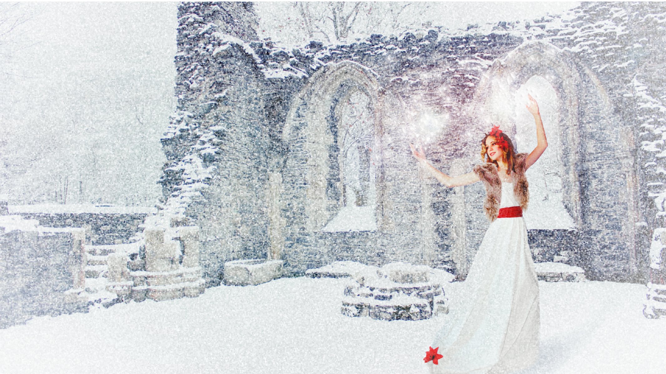 hiver neige nouvel an vacances humeur joie danse fille robe blanc rouge