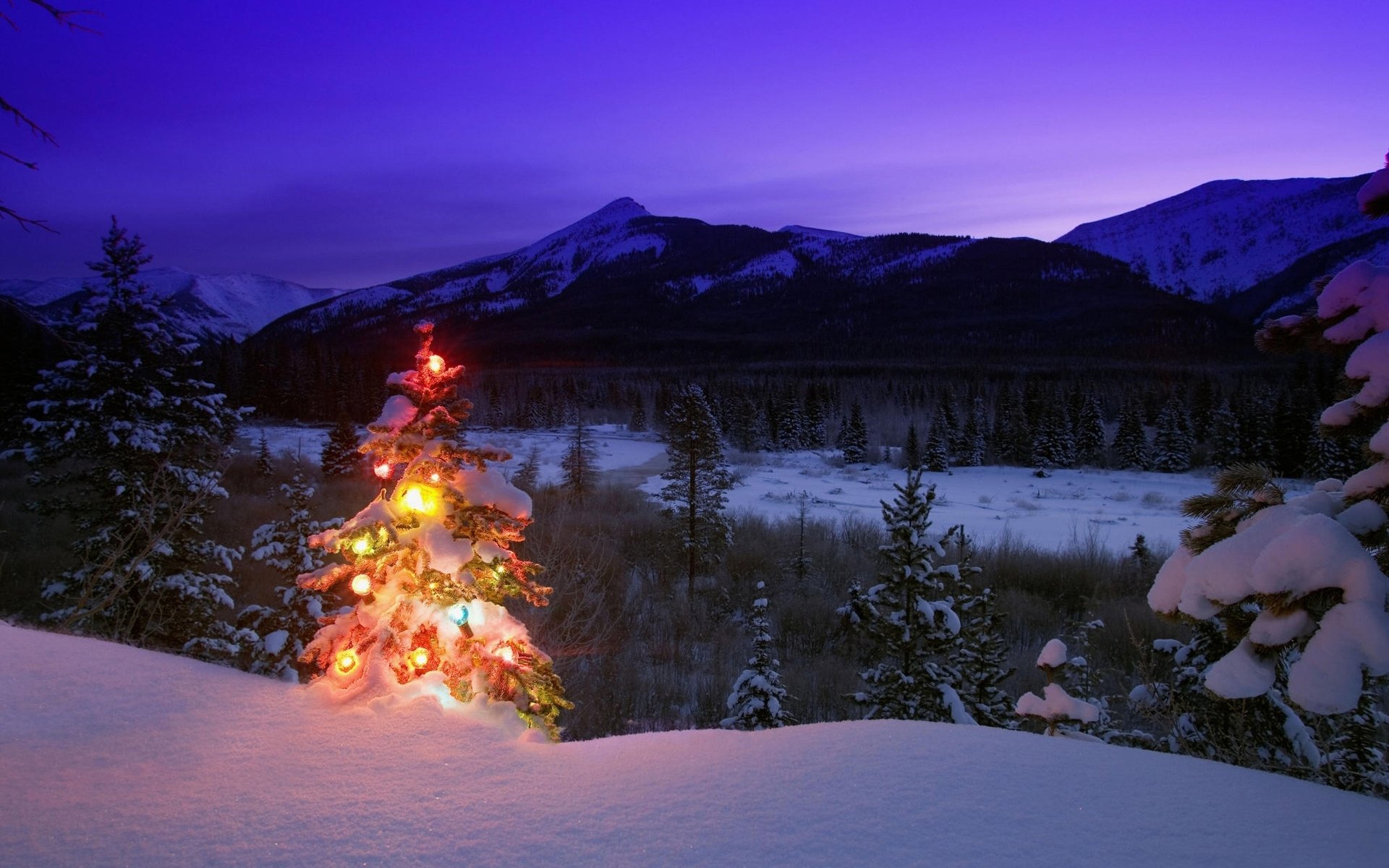 nouvel an hiver nature arbre de noël jouets montagnes arbres neige soirée crépuscule