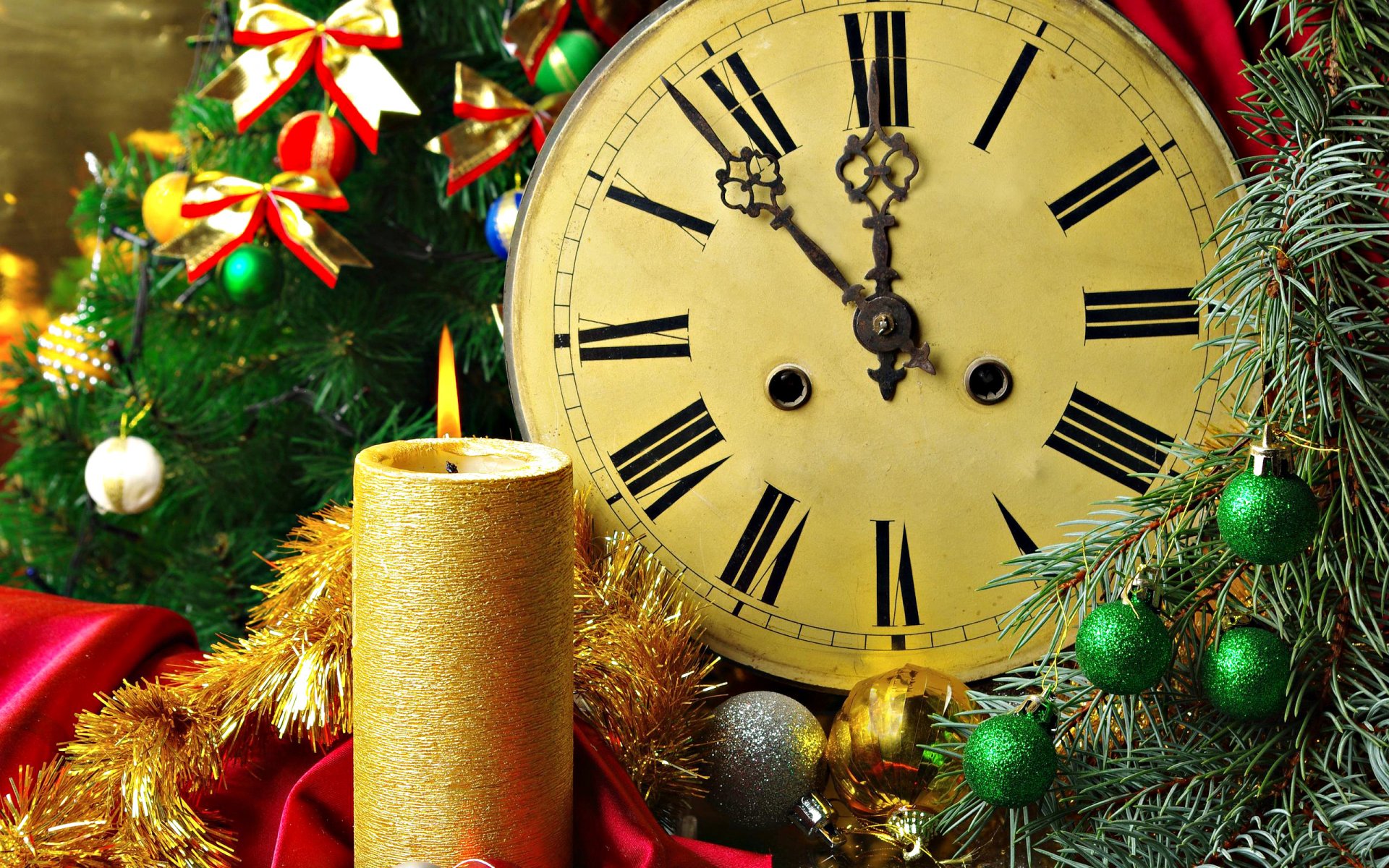orologio candela decorazioni natalizie palle fiocchi vacanze mezzanotte