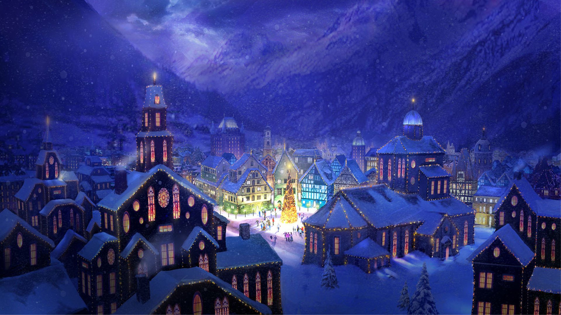 picture holiday snow town house mountain lights christmas tree