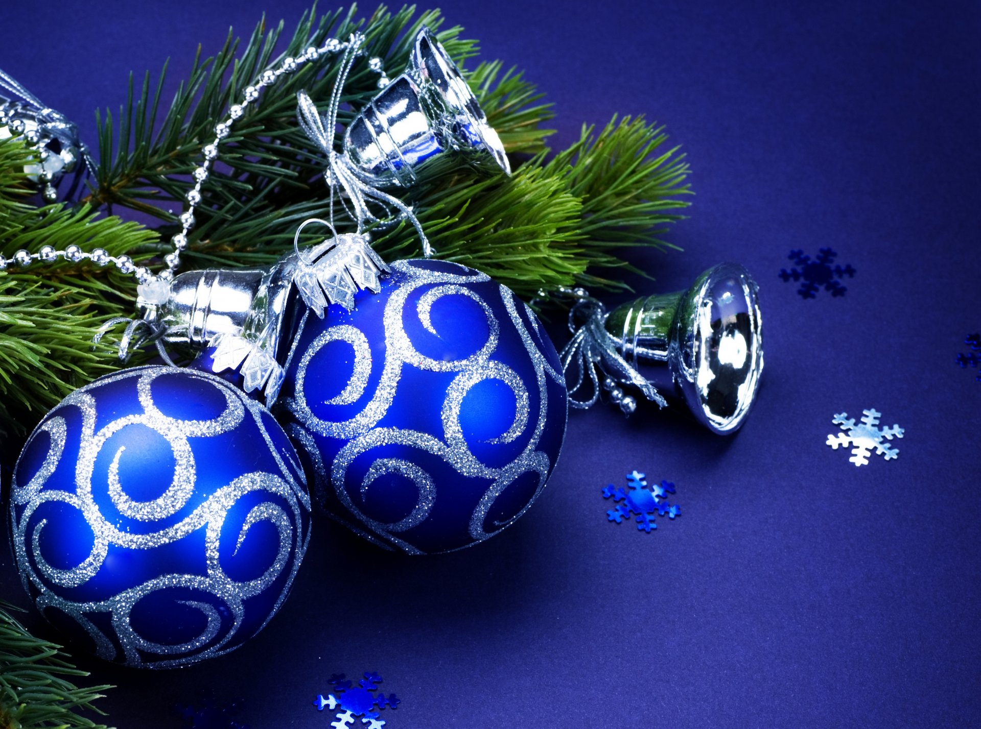 balls blue silver sequins bells christmas tree branch christmas tree toys snowflakes new year christmas blue background