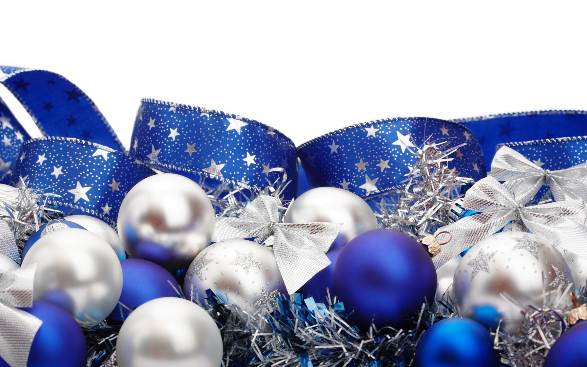 nuovo anno vacanza felice anno nuovo giocattoli di natale palle tinsel blu bianco nastro fiocco sfondo